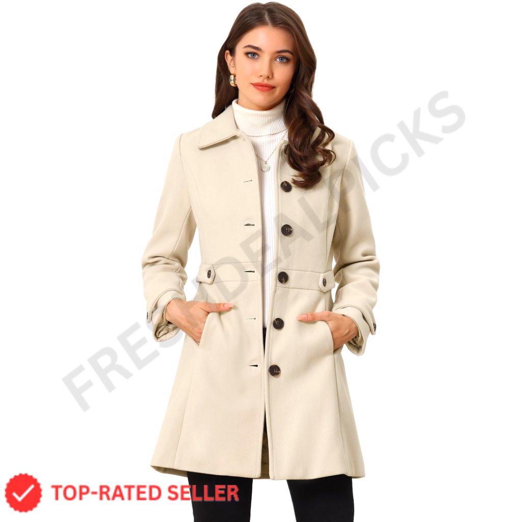 Classic Pea Coat Winter Overcoat Single Breasted Belted Cuffs Lined Chic Elegant